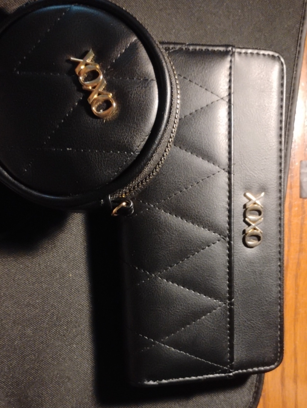 XOXO Black Quilted Wallet and Round Coin Pouch with Gold Hardware